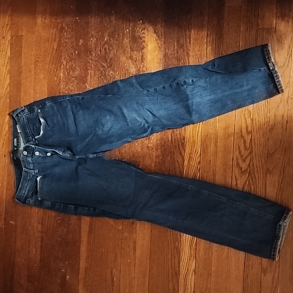 Old Navy, medium wash, sky-hi straight button fly jeans. Size 14 tall